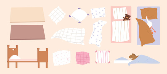 Bedroom cartoon elements. Pillows, mattress, bed and blanket. Sleep place with plush toys, teddy bear and goose. Children adult sleeping equipment, vector set © MicroOne