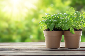 Fototapeta premium A vibrant background featuring fresh herbs neatly arranged on a rustic market table.