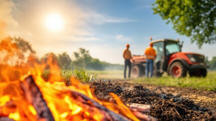 Farmers Collaborating Beside a Vibrant Campfire on Sunny Day
