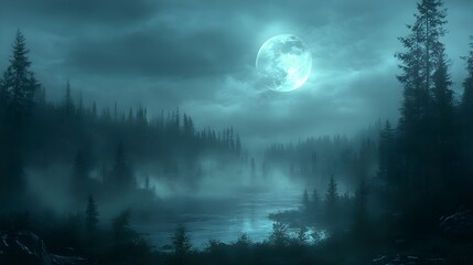 Fototapeta premium A background of a spooky, foggy forest lit by the pale moonlight.