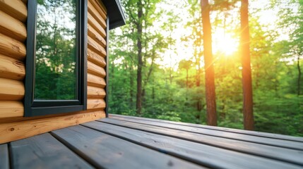 Eco-Friendly living concept. Cozy cabin in the woods during sunset, surrounded by lush green trees and warm light.