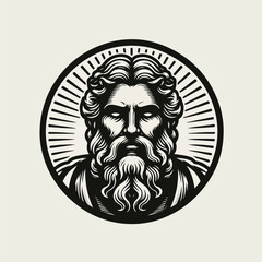 Zeus Face Logo Ancient God from Greek Mythology Man Beard Laurel Headband Illustration Brand Identity.
