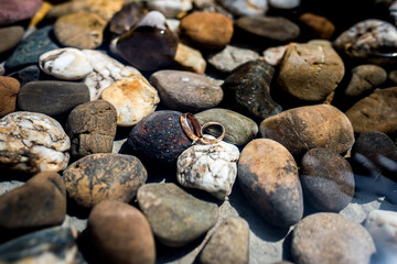 Rings resting on smooth river stones. Two wedding rings rest on colorful river stones, glimmering softly and capturing a special moment.