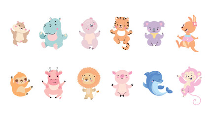 Funny cartoon sitting animals. Baby animal, hippo sloth koala tiger leo hamster cow piggy monkey bear and dolphin. Children mascots vector clipart © MicroOne