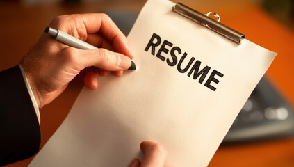 Hands holding a clipboard with a resume in a well-lit office setting, preparing for an important job application process
