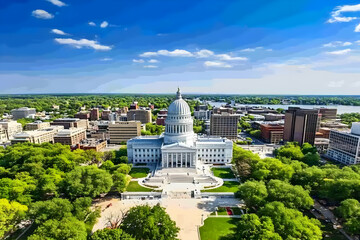 Obraz premium Majestic Capitol Building dominates the cityscape, surrounded by lush green parks under a bright blue sky.