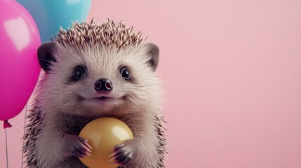 A cute hedgehog holding a yellow balloon.