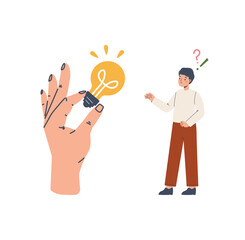 Insight, sudden creative idea. Guy reaches out and takes solution to problem. Help and support from others, psychology, creative thinking vector concept