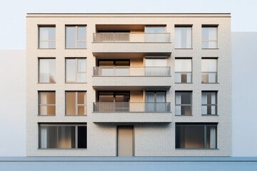 Fototapeta premium A low-profile building with light-colored brick, minimal windows, and a subtle recessed entrance