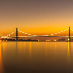 Obraz premium Suspension Bridge Illuminates the Golden Hour Sunset over Calm Water with City Skyline
