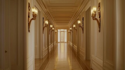 Elegant Passage of African Masks and Baroque Sconces Casting Golden Glow - Cinematic Setting of Ultra-Detailed Design