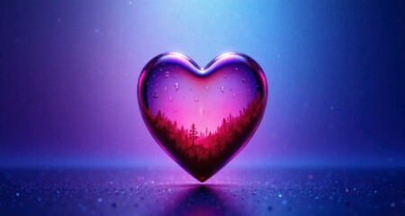 Fototapeta premium A heart made of glass is surrounded by trees and water droplets