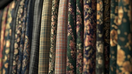 Eclectic Elegance: Textile Store Showcase of Classic Tartan and Persian Floral Fabrics in Cinematic Display