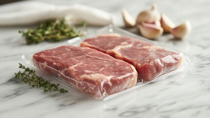 Fototapeta premium Vacuum-sealed pork chops on marble.