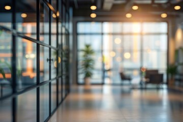 Blurred modern office interior background lighting natural glass.