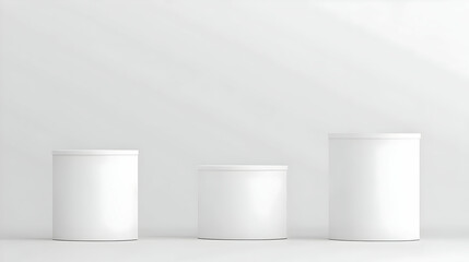 Three White Cylinder Product Packaging Mockups Stand on a White Surface with a White Background