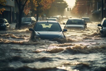 Obraz premium Cars struggle through a flooded street, water rushing around vehicles. Urban flooding causes chaos, with cars submerged, street waterlogged, and traffic halted.
