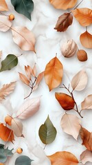 Autumn leaves scattered in warm hues create a serene and artistic arrangement on a light backdrop. Generative AI