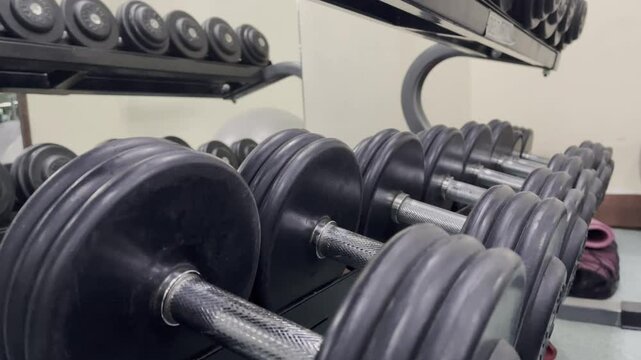 A close-up shot of a black dumbbell rack, filled with weight plates and metallic grip bars ready for the gym workout. The rack is located in an indoor fitness center.