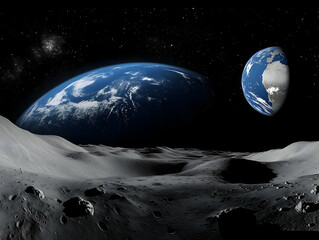 Two Earths Rise Majestically over a Barren Lunar Landscape with Distant Stars