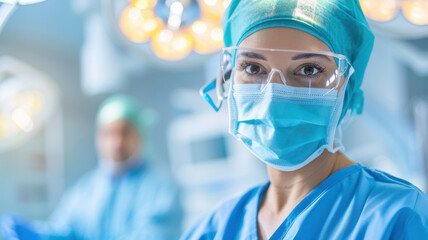 focused female surgeon wearing protective gear, including surgical mask, cap, and goggles, stands in brightly lit operating room, with blurred medical professional in background