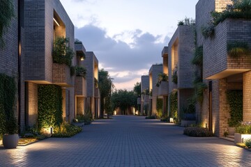 Fototapeta premium A low-rise urban complex with textured brick walls, simple vertical gardens, and soft evening lighting