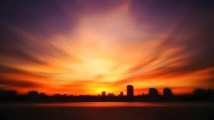 Fototapeta premium Fiery Sunset Sky Paints Dramatic Backdrop for a City Silhouette, a breathtaking view.