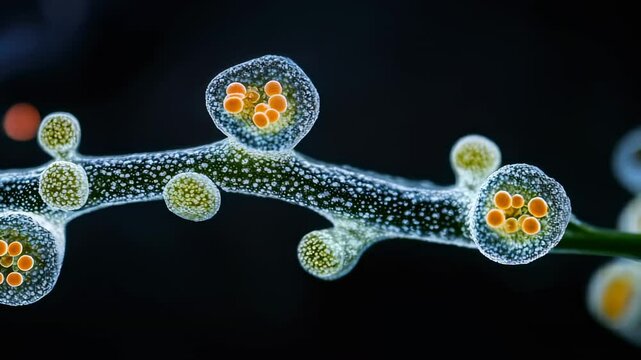 Microscopic close-up of Staphylococcus aureus bacteria on a black background. Microbiology, infectious disease, and bacterial colony structure in scientific imaging.