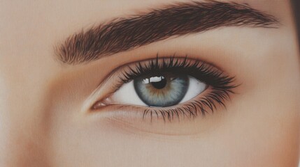 Obraz premium Close-up of a woman's beautiful blue eye with defined eyebrows and long lashes.