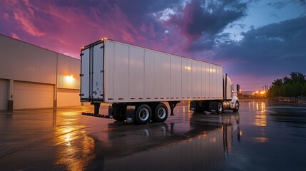 A white semi-trailer truck parked at a warehouse entrance during twilight, with soft reflections on the wet pavement, emphasizing logistics and transport
