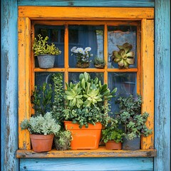 Vibrant Orange Planter Filled with Various Greenery by Adorned Window