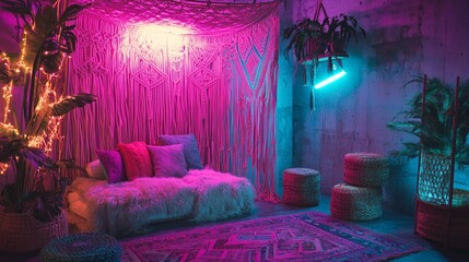 Bohemian Macrame and Slavic Patterned Rugs at Neon Lit Crafts Fair Booth