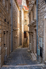 Narrow street in Ulcinj Old Town in Montenegro, the southernmost city at Montenegrin coast, Europe