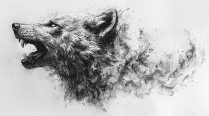 Monochromatic Wolf Head Abstractly Rendered In Grey Tones