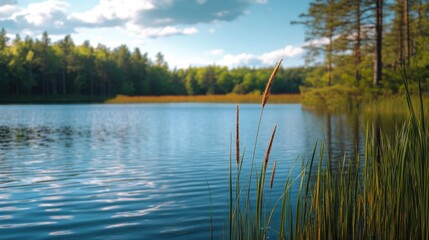 A serene lakeside spring scene.