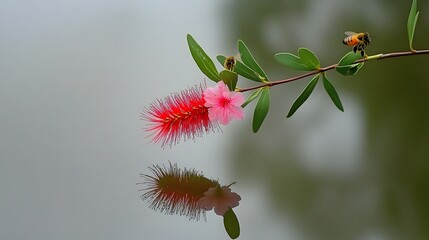 Obraz premium Stunning Red and Pink Callistemon Flowers with Bees by Water Reflection