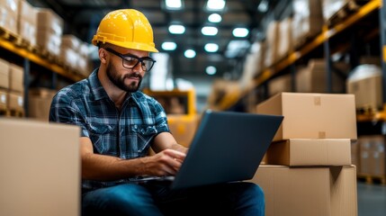 Warehouse worker analyzing data on laptop among boxes in a busy logistics environment