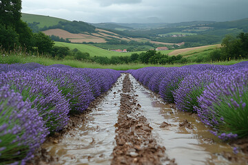 Lavender fields glistening after a gentle rain, with raindrops shimmering on vibrant purple blossoms.