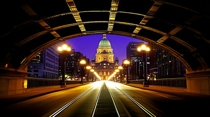 Cityscape at Night: Bridge, Illuminated Road, and Majestic Building under Purple Sky