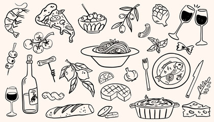 Mediterranean food set. Minimalist hand drawn food and drinks collection. Set of doodles, rough simple Italian cuisine food sketches. Vector illustration isolated on white background