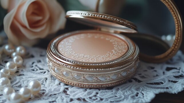 Elegant vintage compact case with pearls.