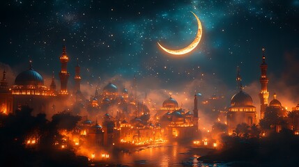 Naklejka premium Crescent Moon Over an Illuminated Fantasy Cityscape with Starry Sky