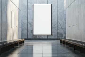 Modern gallery interior, empty canvas, marble walls, sunlight, benches, art display, mockup