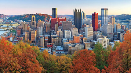 Obraz premium Vibrant cityscape meets autumn foliage: A picturesque urban scene with colorful trees in the foreground.