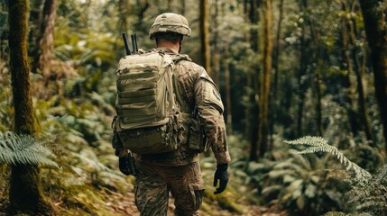 Obraz premium Soldier Walks Through Lush Green Forest Terrain