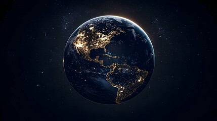 Fototapeta premium Earth at Night Illuminates with City Lights against a Starry Sky Background.