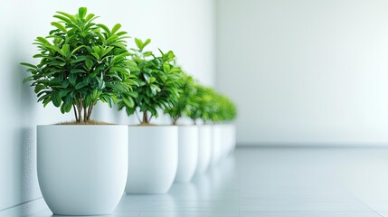 Fototapeta premium Green design minimalist concept. A row of potted plants in a modern interior setting with bright, clean aesthetics.