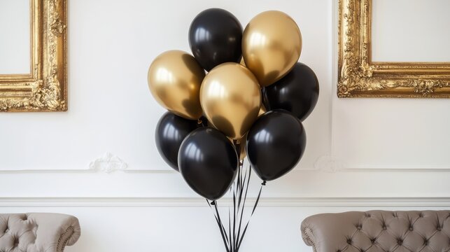 Gold and black balloons with frame celebration invite