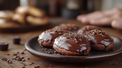 Closeup of chocolate éclairs in soft light.