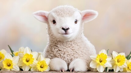 Cute lamb surrounded by daffodils; spring scene, ideal for Easter cards